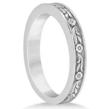 Hand-Carved Eternity Flower Design Wedding Band in 14k White Gold