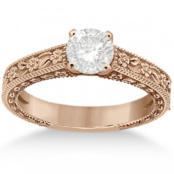 Carved Flower Solitaire Engagement Ring Setting in 14K Rose Gold