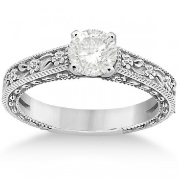 Carved Flower Solitaire Engagement Ring Setting in 18K White Gold