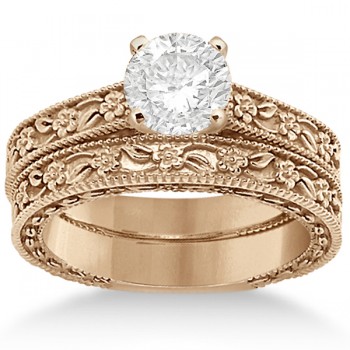 Carved Floral Wedding Set Engagement Ring & Band 14K Rose Gold