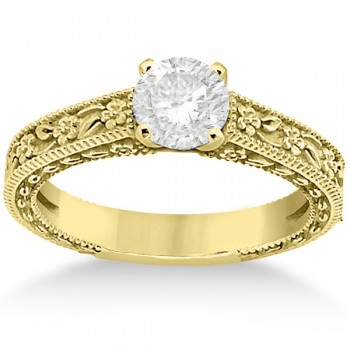 Carved Floral Wedding Set Engagement Ring & Band 14K Yellow Gold