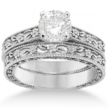 Carved Floral Wedding Set Engagement Ring & Band 18K White Gold