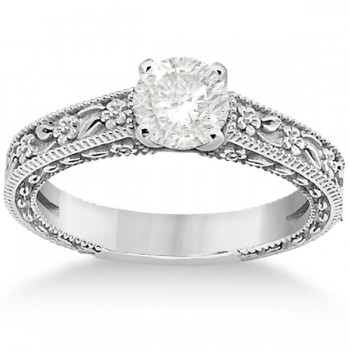 Carved Floral Wedding Set Engagement Ring & Band Platinum