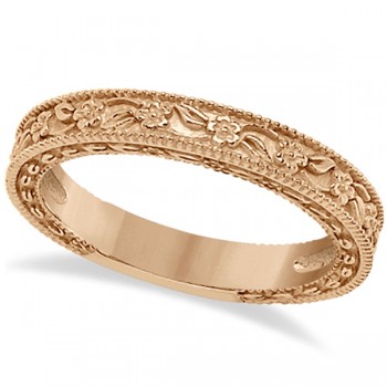 Carved Floral Designed Wedding Band Anniversary Ring in 14K Rose Gold