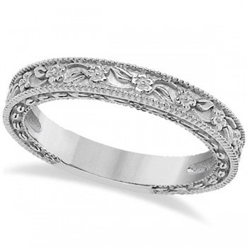 Carved Floral Designed Wedding Band Anniversary Ring in 14K White Gold