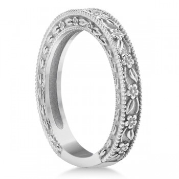 Carved Floral Designed Wedding Band Anniversary Ring in 14K White Gold