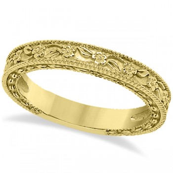 Carved Floral Designed Wedding Band Anniversary Ring in 14K Yellow Gold