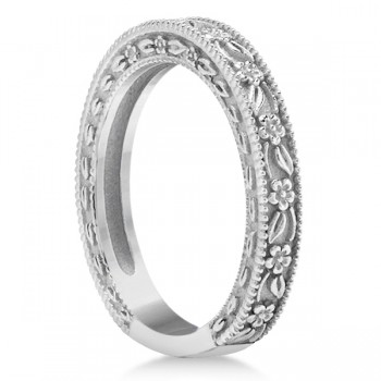 Carved Floral Designed Wedding Band Anniversary Ring in 18K White Gold