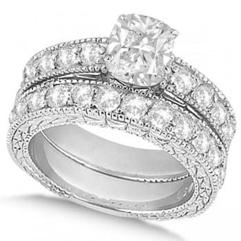 Cushion-Cut Vintage Style Diamond Bridal Set 14k White Gold (2.66ct)