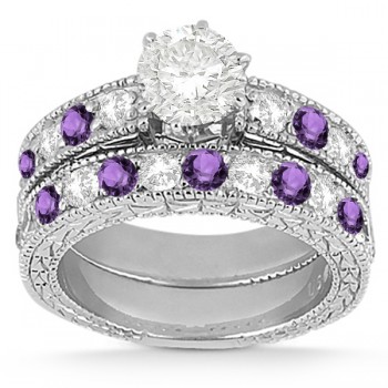 Antique Diamond & Amethyst Bridal Set 14k White Gold (1.80ct)