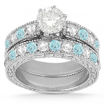 Antique Diamond & Aquamarine Bridal Set 14k White Gold (1.80ct)