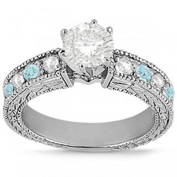 Antique Diamond & Aquamarine Bridal Set 14k White Gold (1.80ct)