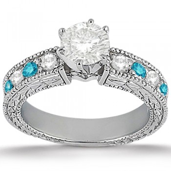 White & Blue Diamond Engagement Ring & Band 14K White Gold (1.61ct)