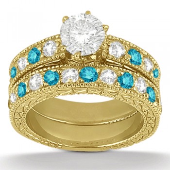 White & Blue Diamond Engagement Ring & Band 14K Yellow Gold (1.61ct)