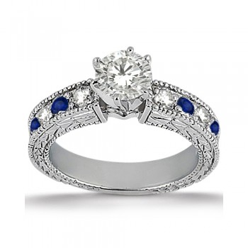 Antique Diamond & Blue Sapphire Engagement Ring 14k White Gold (0.75ct)