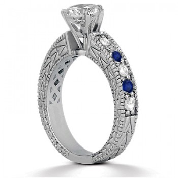 Blue Sapphire & Diamond Vintage Engagement Ring 14k White Gold 1.75ct
