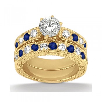 Antique Diamond & Blue Sapphire Bridal Set 14k Yellow Gold (1.80ct)