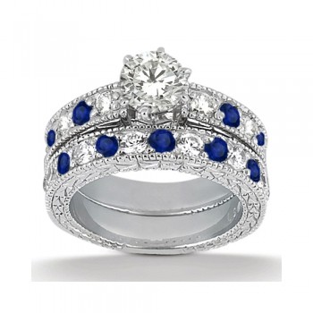 Antique Diamond & Blue Sapphire Bridal Set 18k White Gold (1.80ct)