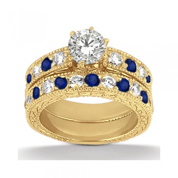 Antique Diamond & Blue Sapphire Bridal Set 18k Yellow Gold (1.80ct)