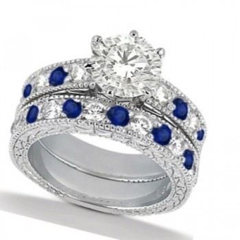 Diamond & Blue Sapphire Vintage Bridal Set 14k White Gold (2.50ct)