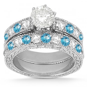 Antique Diamond & Blue Topaz Bridal Set 14k White Gold (1.80ct)