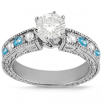 Antique Diamond & Blue Topaz Bridal Set 14k White Gold (1.80ct)