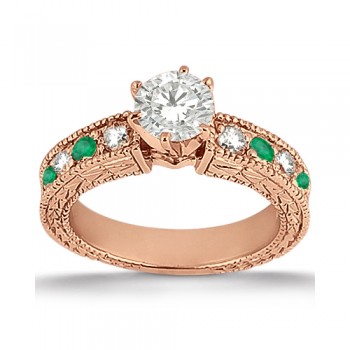 Antique Diamond & Emerald Engagement Ring 18k Rose Gold (0.72ct)