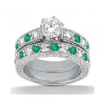 Antique Diamond & Emerald Bridal Set 14k White Gold (1.75ct)