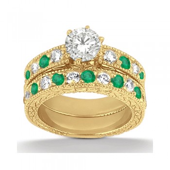 Antique Diamond & Emerald Bridal Set 14k Yellow Gold (1.75ct)