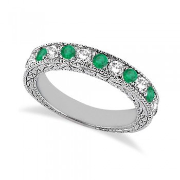 Antique Diamond & Emerald Wedding Ring 14kt White Gold (1.03ct)