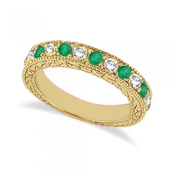 Antique Diamond & Emerald Wedding Ring 14kt Yellow Gold (1.03ct)