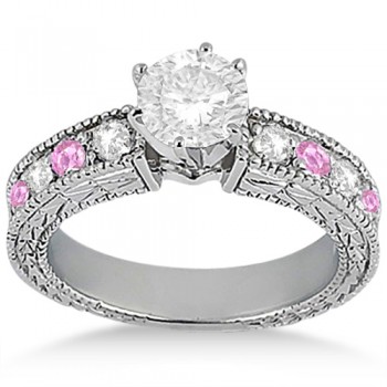 Antique Diamond & Pink Sapphire Engagement Ring 14k White Gold (0.75ct)