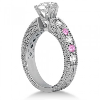 Antique Diamond & Pink Sapphire Engagement Ring 14k White Gold (0.75ct)