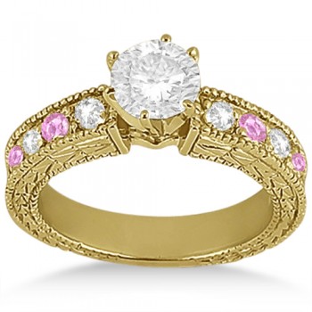 Antique Diamond & Pink Sapphire Engagement Ring 14k Yellow Gold (0.75ct)