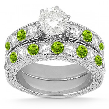 Antique Diamond & Peridot Bridal Set 14k White Gold (1.80ct)