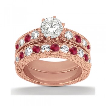 Antique Diamond & Ruby Bridal Set 14k Rose Gold (1.80ct)