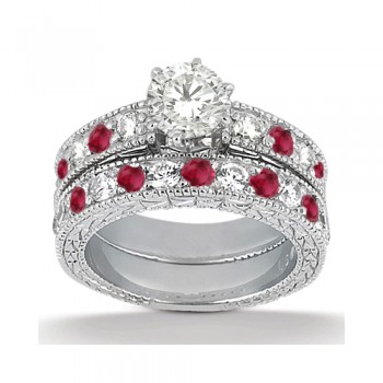 Antique Diamond & Ruby Bridal Set 14k White Gold (1.80ct)