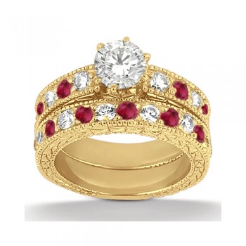 Antique Diamond & Ruby Bridal Set 14k Yellow Gold (1.80ct)