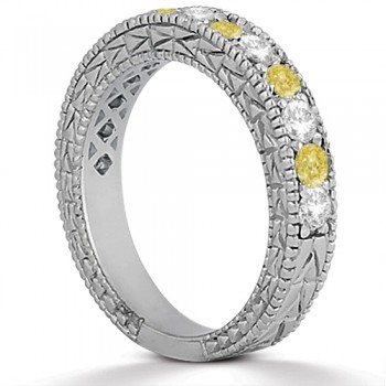 White & Yellow Diamond Wedding Band Antique Style 14K White Gold 0.91ct