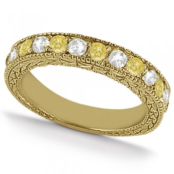 White & Yellow Diamond Wedding Band Antique Style 14K Yellow Gold 0.91ct