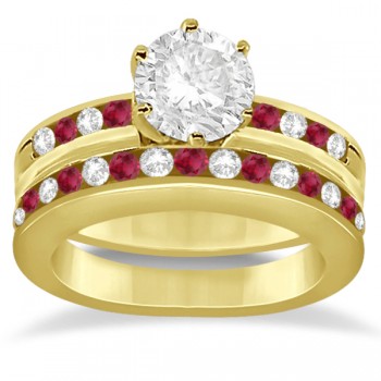 Semi-Eternity Ruby Gemstone & Diamond Bridal Set 18K Yellow Gold 0.96ct