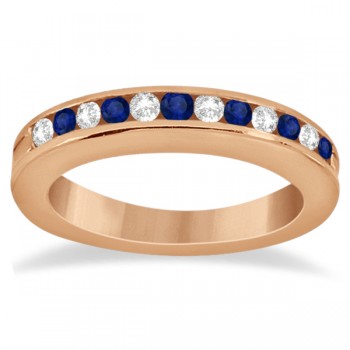 Semi-Eternity Diamonds & Blue Sapphire Wedding Band 14K R. Gold 0.56ct