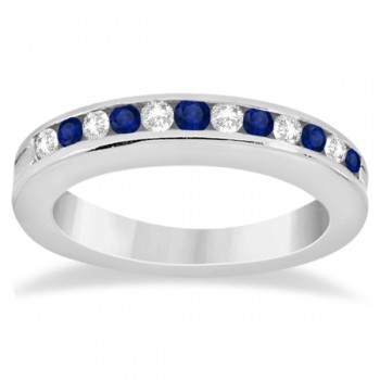 Semi-Eternity Diamonds & Blue Sapphire Wedding Band 14K W. Gold 0.56ct