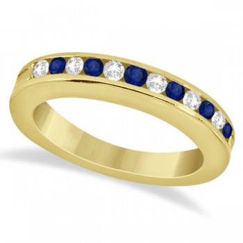 Semi-Eternity Diamonds & Blue Sapphire Wedding Band 14K Y. Gold 0.56ct