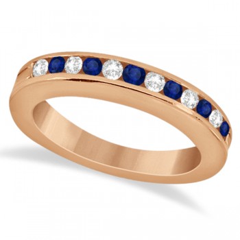 Semi-Eternity Diamonds & Blue Sapphire Wedding Band 18K R. Gold 0.56ct