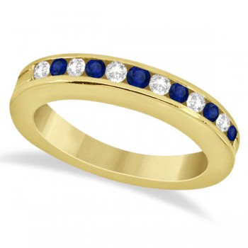 Semi-Eternity Diamonds & Blue Sapphire Wedding Band 18K Y. Gold 0.56ct