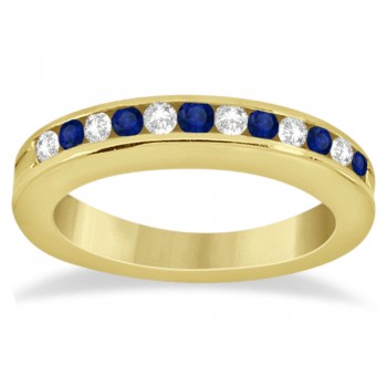 Semi-Eternity Diamonds & Blue Sapphire Wedding Band 18K Y. Gold 0.56ct