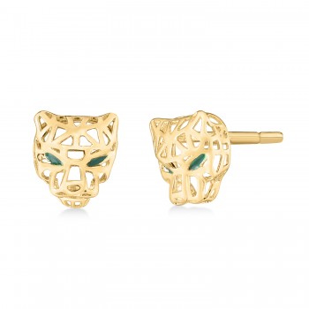 Panther Green Enamal Stud Earrings in 14k Yellow Gold