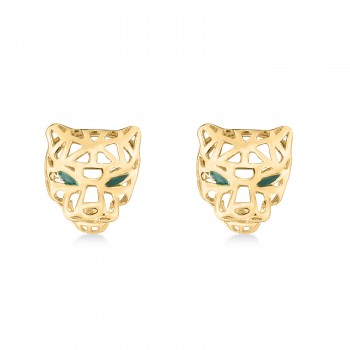 Panther Green Enamel Stud Earrings in 14k Yellow Gold