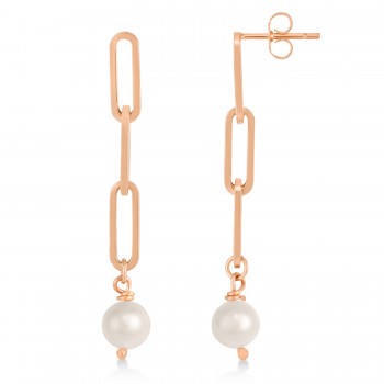 Pearl Drop Paperclip Earrings 14k Rose Gold